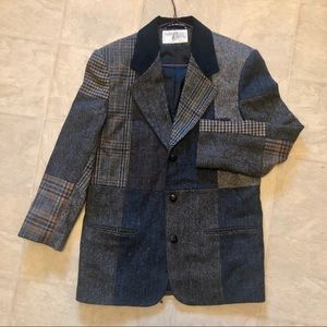 Vintage International Scene Plaid Patchwork Wool Blazer with Suede Collar